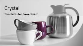  Presentation with coffee beans on a white - Colorful presentation theme enhanced with coffee thermos kettle with cups backdrop and a  colored foreground