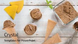  Presentation with ice cream cone - Beautiful PPT theme featuring coffee waffles - top view brown ice cream backdrop and a coral colored foreground