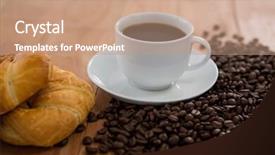  Presentation with croissant - Slide set with coffee with roasted coffee beans and croissant on wooden table background and a coral colored foreground