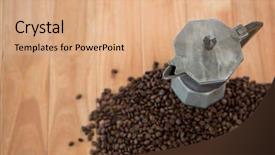  Presentation with coffee beans - Slides having coffeemakers - coffee beans with metallic coffeemaker background and a  colored foreground