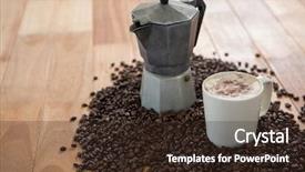  Presentation with red coffee bean - Theme with coffeemakers - coffeemaker with coffee beans background and a  colored foreground