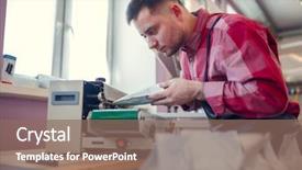  Presentation with paper bag vs plastic bags - PPT theme having coffeemakers - portrait of businessman weighing paper background and a violet colored foreground