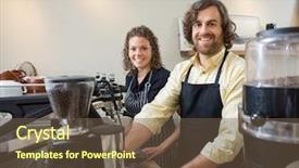  Presentation with belated happy birthday - PPT theme with coffeemakers - portrait of happy colleagues working background and a tawny brown colored foreground