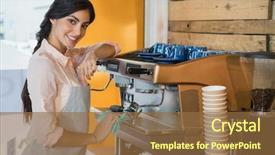  Presentation with waitress - Slides consisting of coffeemakers - portrait of waitress cleaning coffeemaker background and a  colored foreground