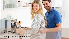  Presentation with coffee - Slide deck enhanced with coffeemakers - portrait of young couple preparing background and a  colored foreground