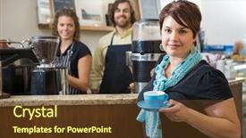 Presentation with female garment workers - Slide set consisting of coffeemakers - portrait of young female customer background and a tawny brown colored foreground