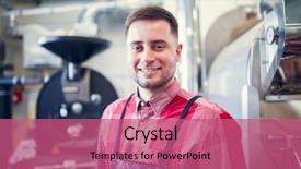  Presentation with apron - Presentation design having coffeemakers - portrait of young man background and a  colored foreground