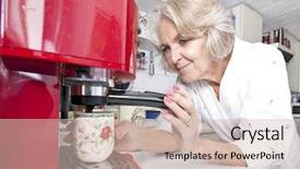  Presentation with coffee powder in machine - Cool new PPT layouts with coffeemakers - senior woman dispensing coffee backdrop and a soft green colored foreground