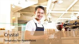  Presentation with college coffee shop - Audience pleasing slide deck consisting of coffeeshop - asian barista presents coffee backdrop and a coral colored foreground