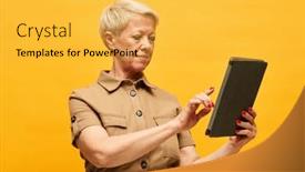  Presentation with information - Presentation with cofident-senior-blond-woman background and a  colored foreground