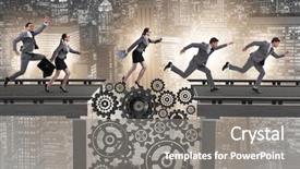  Presentation with crossing bridge - Slide set enhanced with cog wheels - business people crossing the bridge background and a gray colored foreground