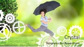  Presentation with glowing lights - Audience pleasing presentation theme consisting of cogs tree - happy classy businesswoman jumping while backdrop and a  colored foreground