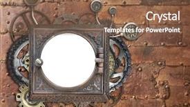  Presentation with metallic - Colorful presentation theme enhanced with cogwheels - grunge background with metallic frame backdrop and a tawny brown colored foreground