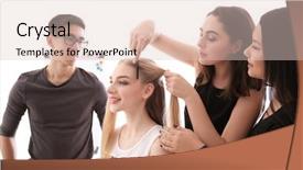  Presentation with professional - Colorful theme enhanced with coiffeur - professional hairdresser and trainees working backdrop and a lemonade colored foreground