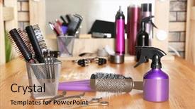  Presentation with salon - PPT theme featuring coiffeur - professional hairdresser set on table background and a coral colored foreground