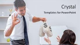  Presentation with people lost money fired businessman - Slide set having coin flipping - businessman making presentation with money background and a  colored foreground