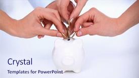  Presentation with piggy bank - Audience pleasing PPT theme consisting of coin into a piggy bank backdrop and a sky blue colored foreground