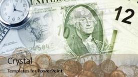  Presentation with time money - Beautiful PPT theme featuring coins and american currency time backdrop and a coral colored foreground