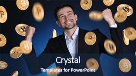  Presentation with bitcoins - Presentation having coins fallimg - happy businessman and bitcoins falling background and a navy blue colored foreground