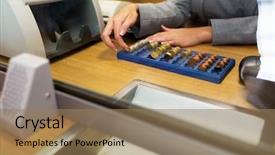  Presentation with bank teller - Slide set enhanced with coins for customer at bank background and a coral colored foreground