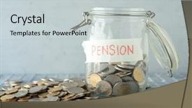  Presentation with pension - Audience pleasing slides consisting of coins in glass money jar backdrop and a light gray colored foreground