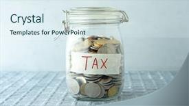  Presentation with income tax vintage - Audience pleasing theme consisting of coins in glass money jar backdrop and a sky blue colored foreground