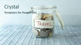  Presentation with travel - Presentation theme with budget holidays - coins in glass money jar background and a sky blue colored foreground