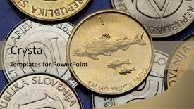  Presentation with trout - Theme with coins of slovenia brown trout salmo trutta depicted on the slovenian one tolar coin background and a coral colored foreground
