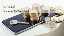  Presentation with phone - PPT theme with coins-on-the-mobile-phone background and a sky blue colored foreground