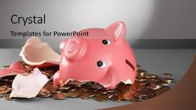 Presentation with piggy bank broken piggybank - Beautiful PPT layouts featuring coins raining - broken piggy bank backdrop and a light gray colored foreground