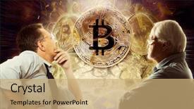  Presentation with cryptocurrency - Presentation theme featuring coins raining - businessman look on bitcoin coin background and a coral colored foreground