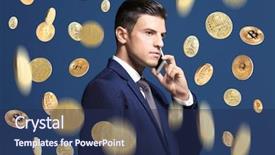  Presentation with bitcoins - Beautiful presentation theme featuring coins raining - businessman talking on phone backdrop and a navy blue colored foreground