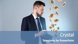  Presentation with bitcoins - PPT theme consisting of coins raining - businessman with tablet and bitcoins background and a teal colored foreground