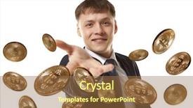 Presentation with bitcoin - PPT theme featuring coins raining - happy businessman throwing bitcoin coin background and a coral colored foreground