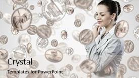  Presentation with rain - Presentation theme featuring coins raining - image of thoughtful businesswoman standing background and a lemonade colored foreground