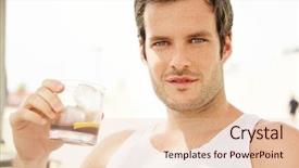  Presentation with blonde holds a magnifying glass - PPT theme with cola drink - handsome man holding glass background and a lemonade colored foreground