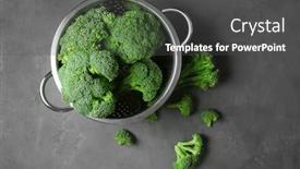  Presentation with fresh green broccoli - Cool new slide deck with colander with fresh green broccoli on table backdrop and a dark gray colored foreground