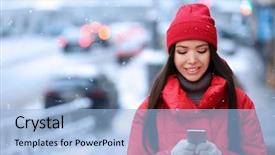  Presentation with phone - Presentation theme with cold calling - beautiful young woman with mobile background and a light blue colored foreground