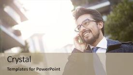  Presentation with young man on the phone - Beautiful presentation theme featuring cold calling - man doing a phone call backdrop and a mint green colored foreground