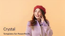  Presentation with hat - Beautiful PPT layouts featuring cold calling - portrait of pleased girl 20s backdrop and a lemonade colored foreground