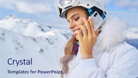  Presentation with mobile phone in woman hand - Presentation theme enhanced with cold calling - woman idle talk background and a sky blue colored foreground