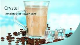  Presentation with cold coffee - Theme with cold coffee with ice in glass on blue background background and a cool aqua colored foreground