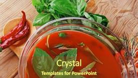  Presentation with eat - Audience pleasing PPT layouts consisting of cold fresh diet tomato soup with basil thyme and raw tomatoes in transparent bowl over red mat on wood table ready to eat backdrop and a tawny brown colored foreground