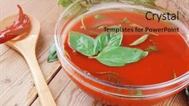  Presentation with tomato - Beautiful PPT theme featuring cold fresh diet tomato soup with basil thyme and raw tomatoes in transparent bowl over red mat on wood table ready to eat backdrop and a coral colored foreground