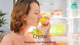  Presentation with refrigerator - Cool new PPT layouts with frigorifique - beautiful woman with fresh lemon backdrop and a coral colored foreground