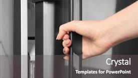  Presentation with refrigerator - Cool new presentation design with woman opening refrigerator door closeup backdrop and a gray colored foreground