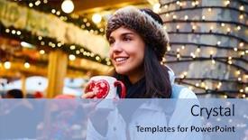  Presentation with happy smiling woman dental health - Beautiful PPT theme featuring cold market - happy young woman drinking hot backdrop and a light blue colored foreground