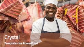  Presentation with butcher - PPT layouts consisting of cold market - smiling african butcher standing background and a red colored foreground