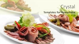  Presentation with fresh meat - Amazing PPT layouts having cold meat dish - sliced meat plate with fresh salad leaf and pickled vegetables backdrop and a blonde colored foreground