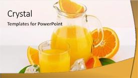  Presentation with orange juice - Presentation design enhanced with cold orange juice in the glass and pitcher with ice cubes and fresh pieces of oranges background and a blonde colored foreground